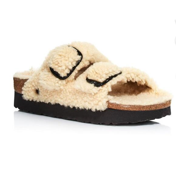 Papillio Arizona Big Buckle Shearling Lamb Slide Sandals Teddy Eggshell 10 L NIB - Picture 1 of 13